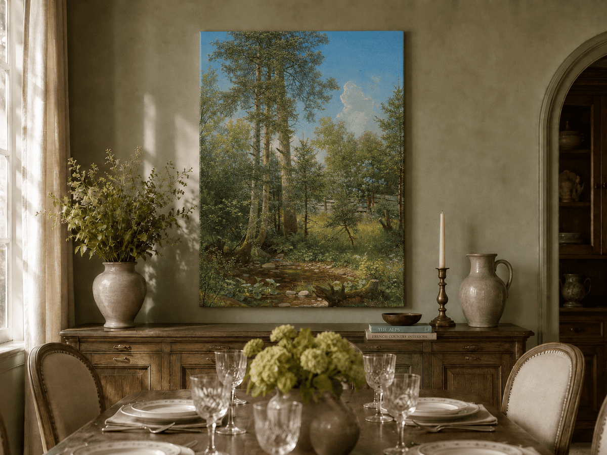 Unframed hand-painted sunlit forest oil painting with a stream and wildflower glade displayed above a formal dining table.
