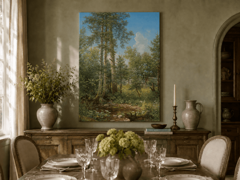 Unframed hand-painted sunlit forest oil painting with a stream and wildflower glade displayed above a formal dining table.