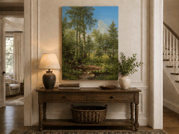 Unframed hand-painted sunlit forest oil painting with a stream and wildflower glade displayed above an entryway console table.