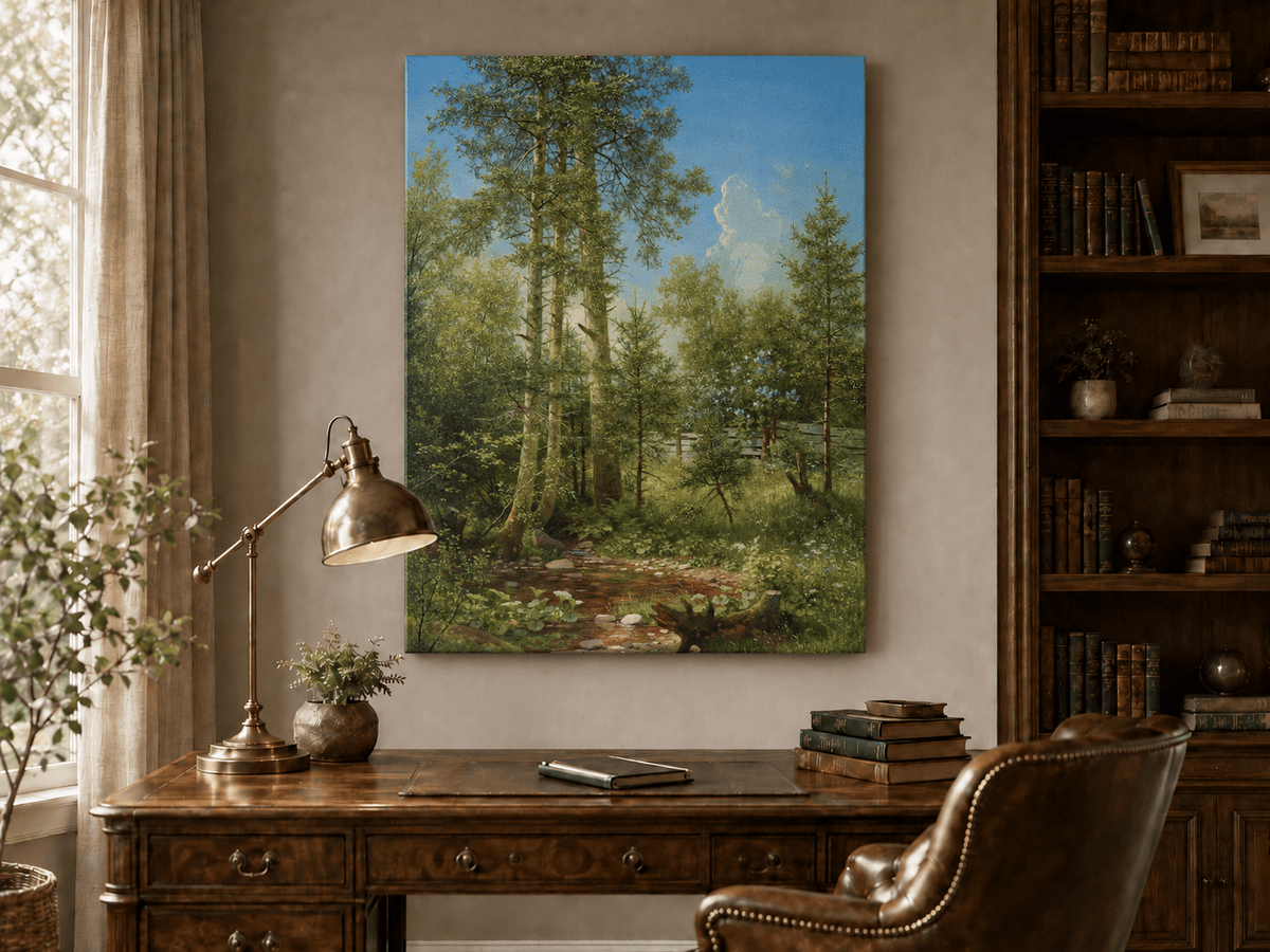 Unframed hand-painted sunlit forest oil painting with a stream and wildflower glade displayed above a traditional home office desk.