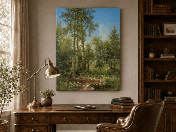 Unframed hand-painted sunlit forest oil painting with a stream and wildflower glade displayed above a traditional home office desk.