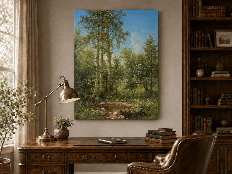 Unframed hand-painted sunlit forest oil painting with a stream and wildflower glade displayed above a traditional home office desk.