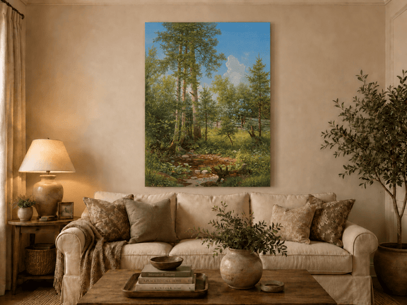 Unframed hand-painted sunlit forest oil painting with a stream and wildflower glade displayed above a neutral living room sofa.