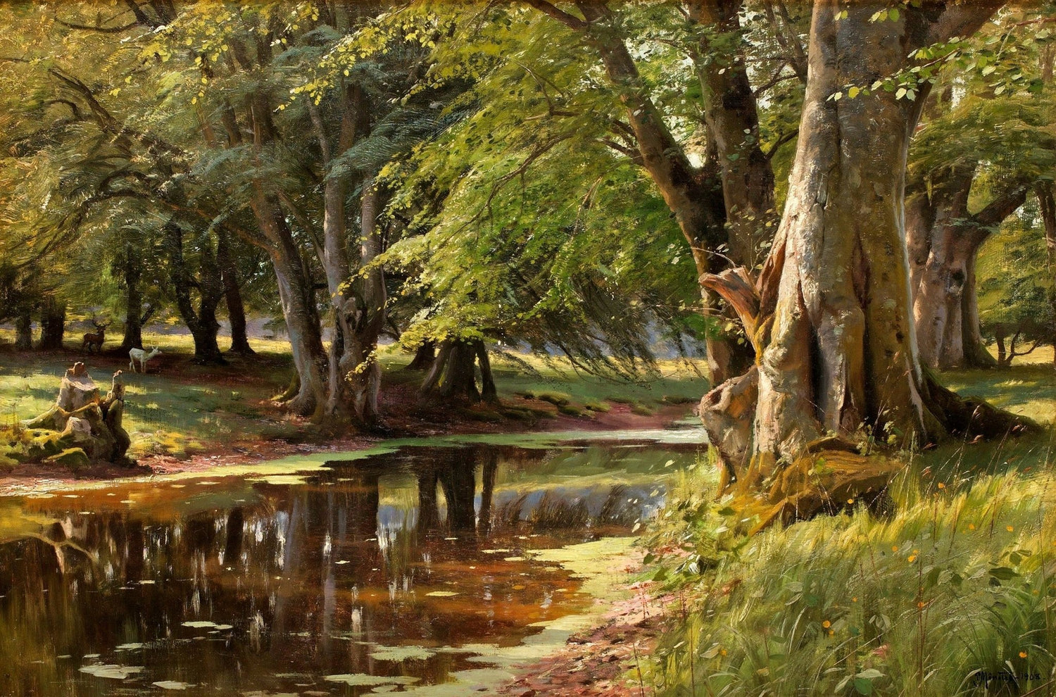 Sunlit Forest Stream with Reflections – Landscape Oil Painting - Oil Painting Haven
