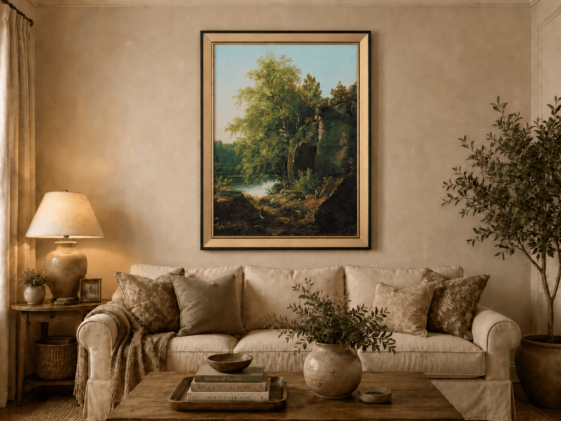 Framed hand-painted sunlit lakeside oil painting with rocks and leafy birch trees displayed above a neutral living room sofa.