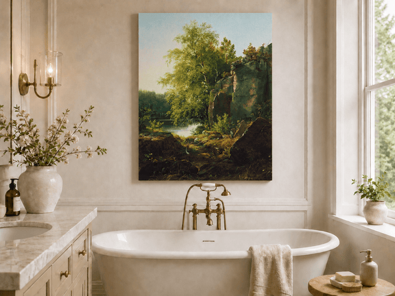 Unframed hand-painted sunlit lakeside oil painting with rocks and leafy birch trees displayed above a freestanding bathtub.