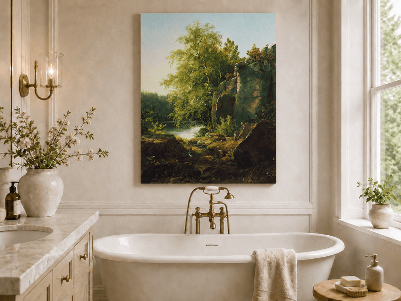 Unframed hand-painted sunlit lakeside oil painting with rocks and leafy birch trees displayed above a freestanding bathtub.