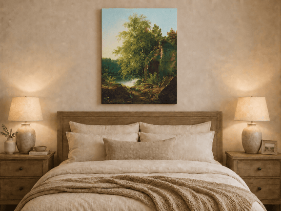Unframed hand-painted sunlit lakeside oil painting with rocks and leafy birch trees displayed above a wooden bed in a neutral bedroom.