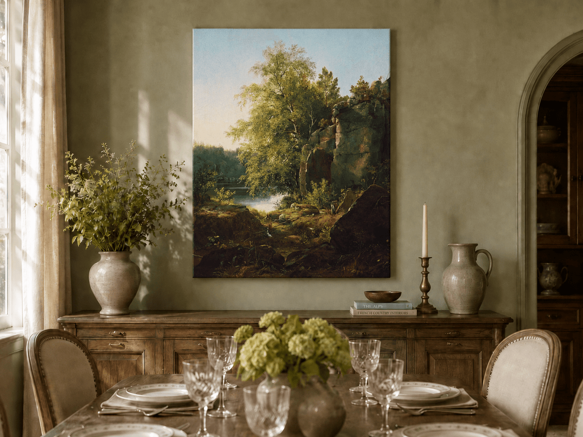 Unframed hand-painted sunlit lakeside oil painting with rocks and leafy birch trees displayed above a formal dining table.