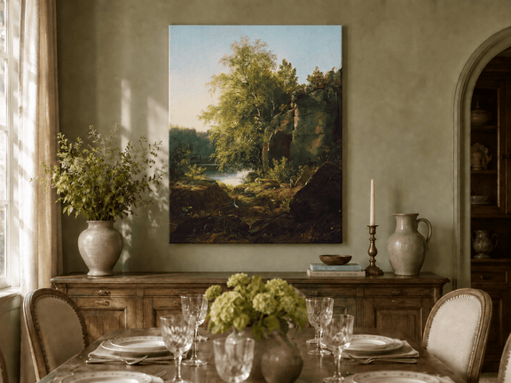 Unframed hand-painted sunlit lakeside oil painting with rocks and leafy birch trees displayed above a formal dining table.