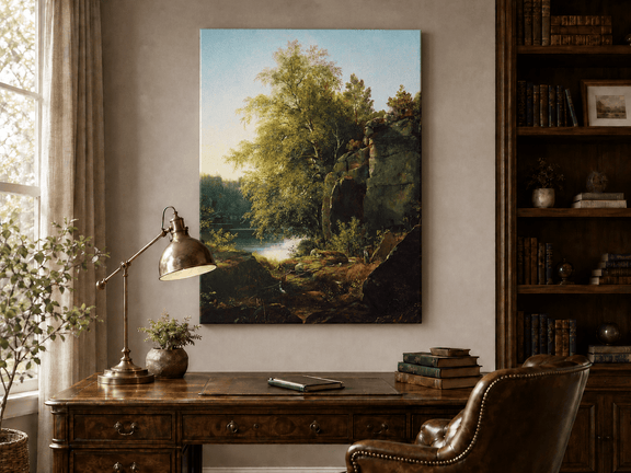 Unframed hand-painted sunlit lakeside oil painting with rocks and leafy birch trees displayed above a traditional home office desk.