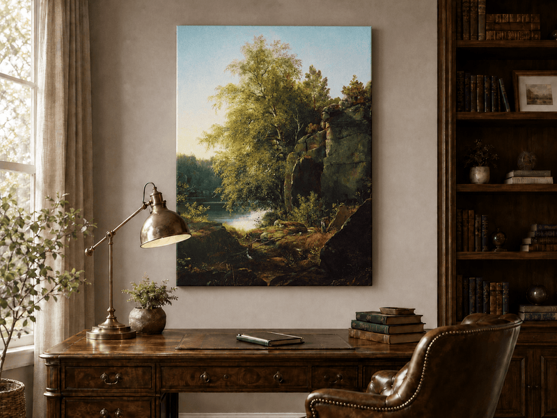 Unframed hand-painted sunlit lakeside oil painting with rocks and leafy birch trees displayed above a traditional home office desk.