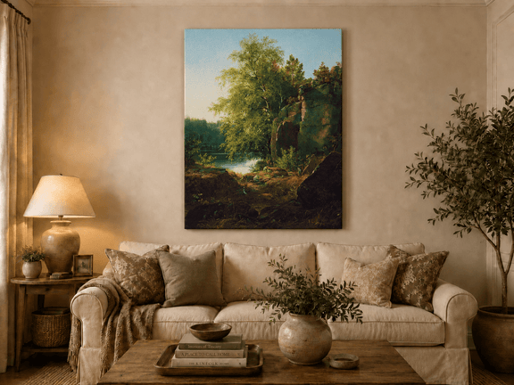 Unframed hand-painted sunlit lakeside oil painting with rocks and leafy birch trees displayed above a neutral living room sofa.
