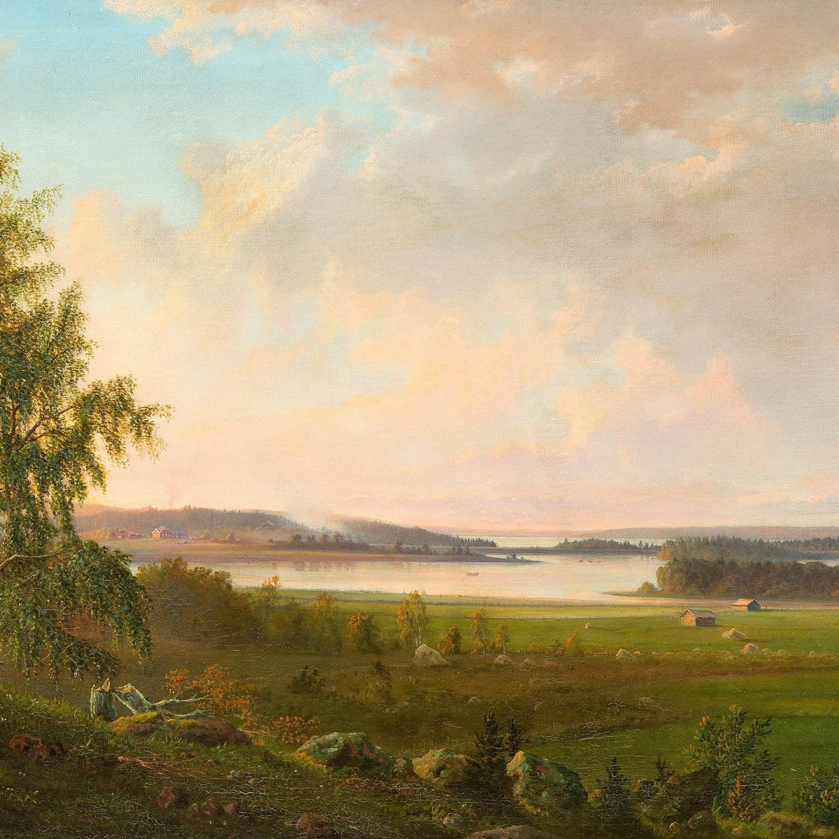 Sunlit Meadow and Distant Lake at Dusk – Landscape Oil Painting - Oil Painting Haven