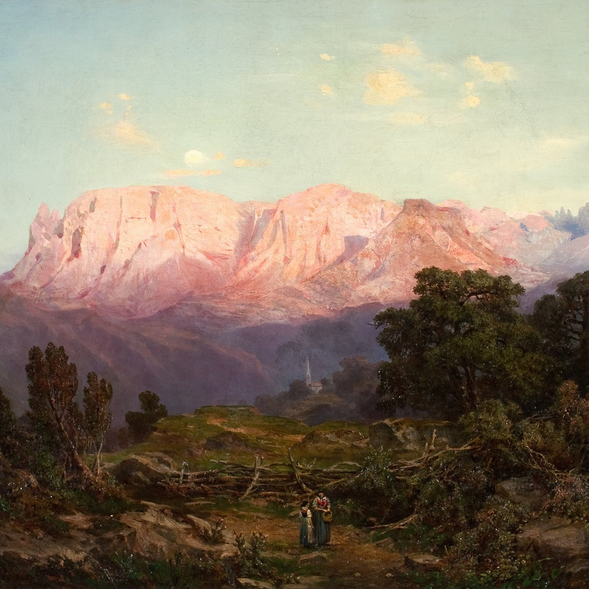 Sunlit Mountain Peaks Above Quiet Valley - Landscape Oil Painting - Oil Painting Haven