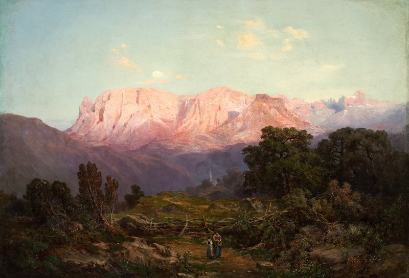 Sunlit Mountain Peaks Above Quiet Valley - Landscape Oil Painting - Oil Painting Haven