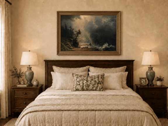 Framed hand-painted sunlit mountain valley oil painting beneath dramatic storm clouds displayed above a wooden bed in a neutral bedroom.