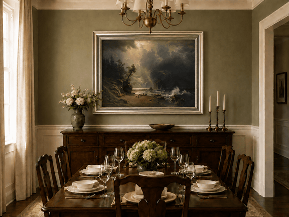 Framed hand-painted sunlit mountain valley oil painting beneath dramatic storm clouds displayed above a formal dining table.