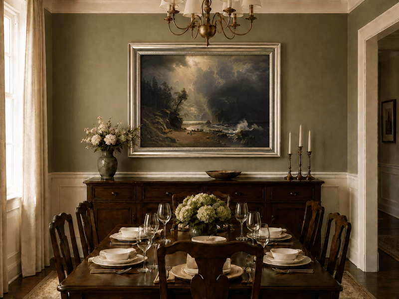Framed hand-painted sunlit mountain valley oil painting beneath dramatic storm clouds displayed above a formal dining table.