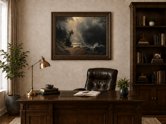 Framed hand-painted sunlit mountain valley oil painting beneath dramatic storm clouds displayed above a traditional home office desk.