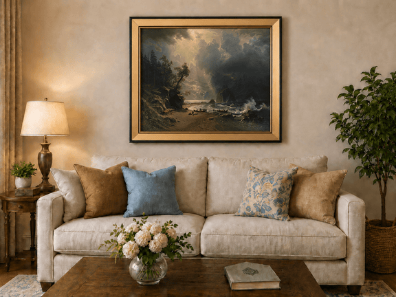 Framed hand-painted sunlit mountain valley oil painting beneath dramatic storm clouds displayed above a neutral living room sofa.