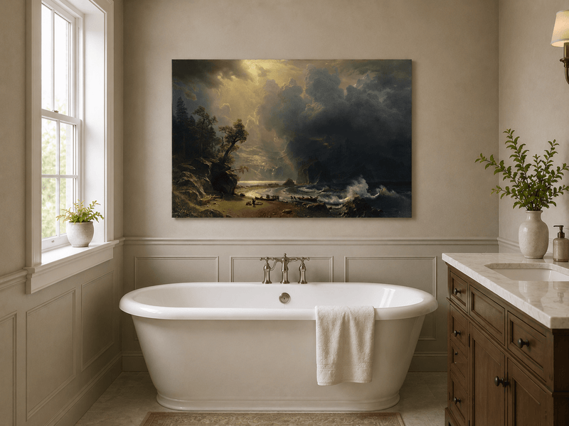 Unframed hand-painted sunlit mountain valley oil painting beneath dramatic storm clouds displayed above a freestanding bathtub.