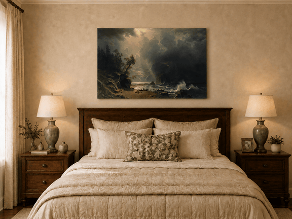 Unframed hand-painted sunlit mountain valley oil painting beneath dramatic storm clouds displayed above a wooden bed in a neutral bedroom.