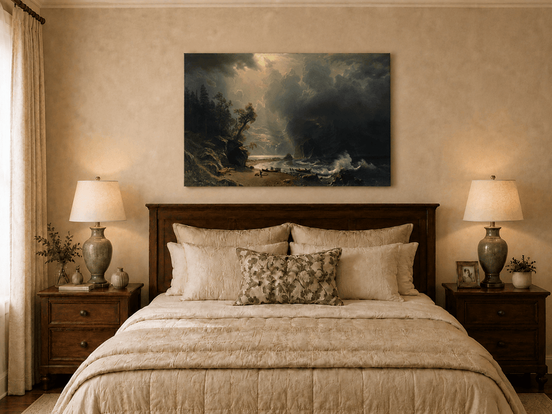 Unframed hand-painted sunlit mountain valley oil painting beneath dramatic storm clouds displayed above a wooden bed in a neutral bedroom.