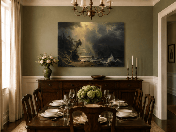 Unframed hand-painted sunlit mountain valley oil painting beneath dramatic storm clouds displayed above a formal dining table.