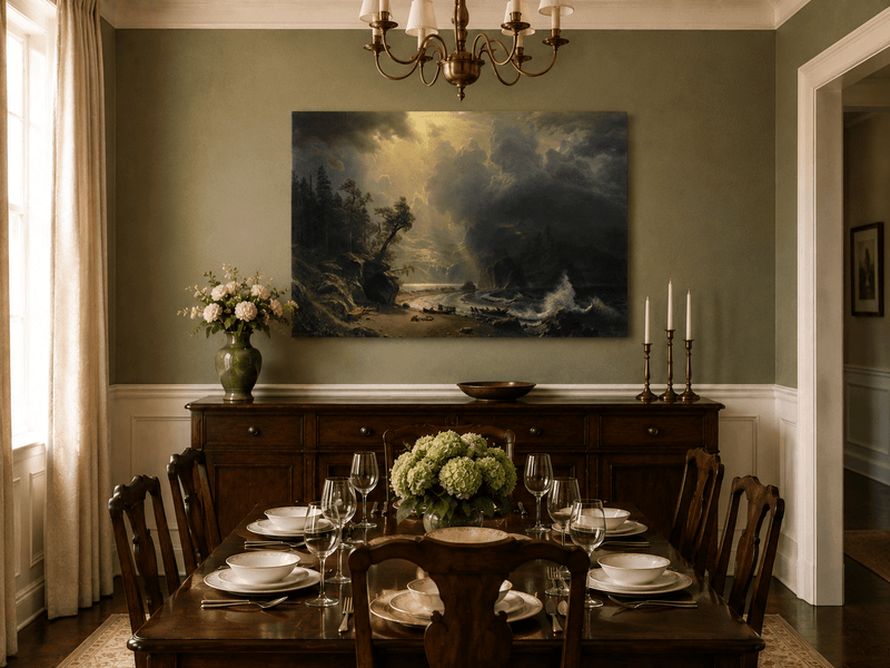 Unframed hand-painted sunlit mountain valley oil painting beneath dramatic storm clouds displayed above a formal dining table.