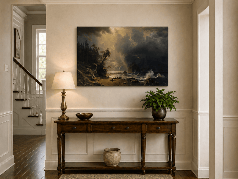 Unframed hand-painted sunlit mountain valley oil painting beneath dramatic storm clouds displayed above an entryway console table.