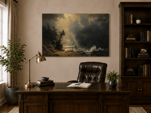 Unframed hand-painted sunlit mountain valley oil painting beneath dramatic storm clouds displayed above a traditional home office desk.
