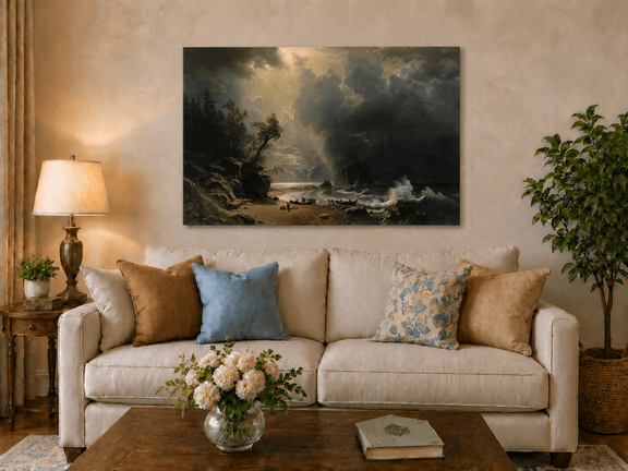 Unframed hand-painted sunlit mountain valley oil painting beneath dramatic storm clouds displayed above a neutral living room sofa.
