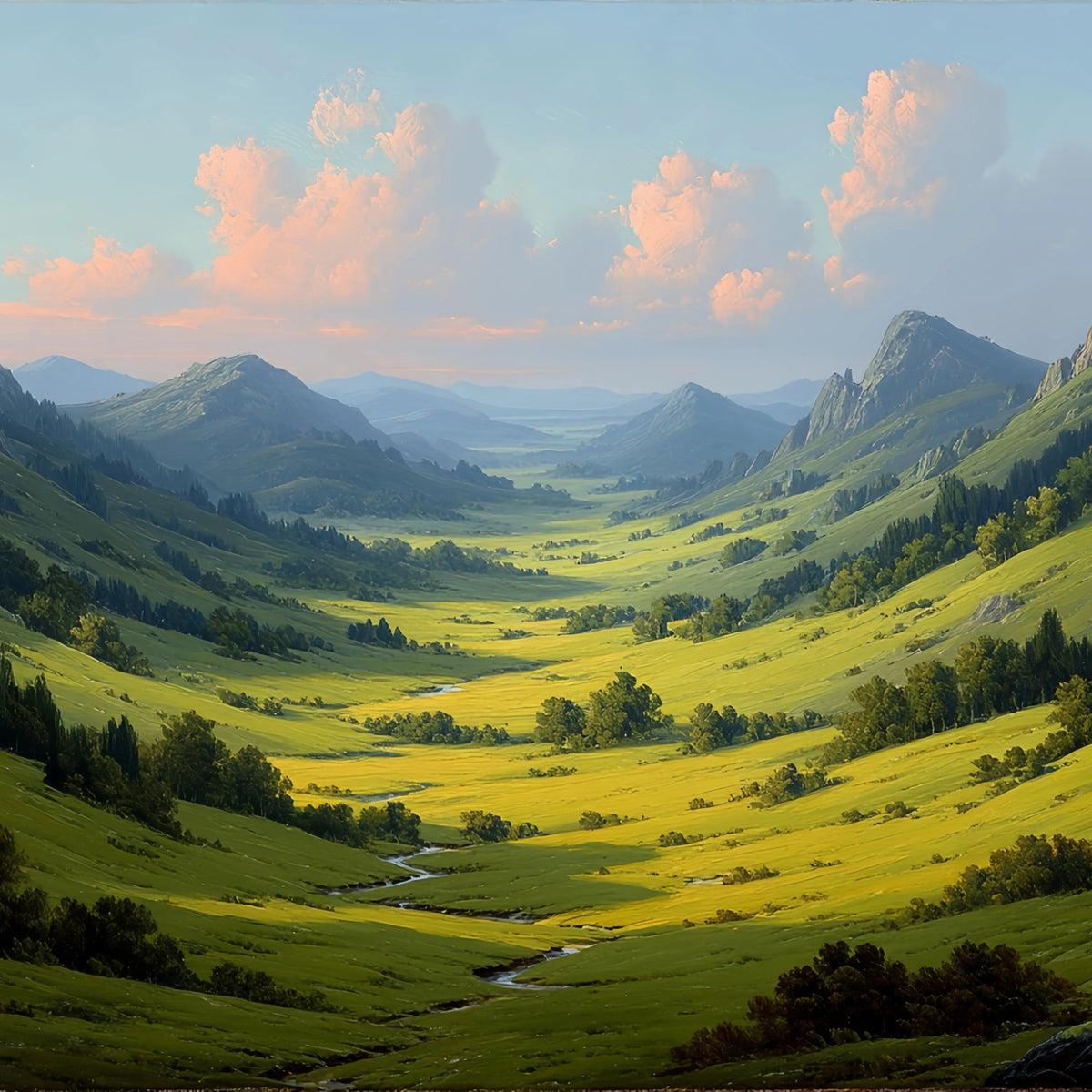 Sunlit Mountain Valley Original Oil Painting For Sale - Oil Painting Haven