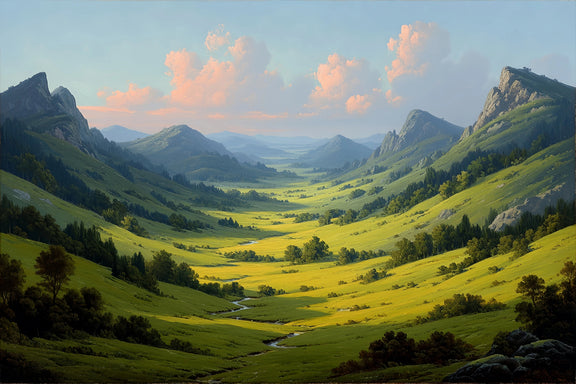 Sunlit Mountain Valley Original Oil Painting For Sale - Oil Painting Haven