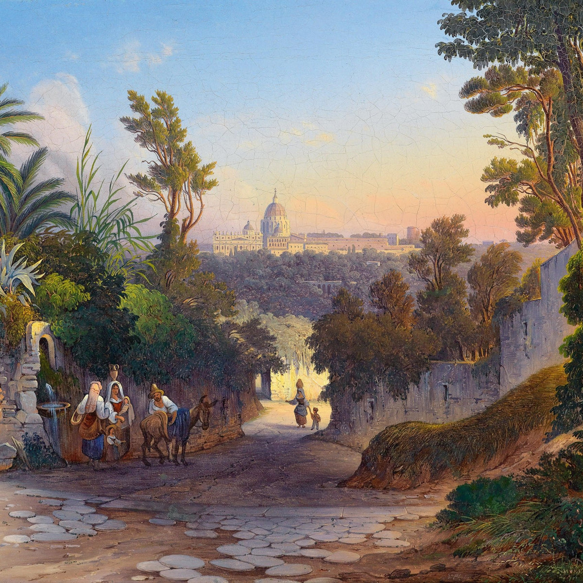 Sunlit Path to a Distant City with Figures – Landscape Oil Painting - Oil Painting Haven