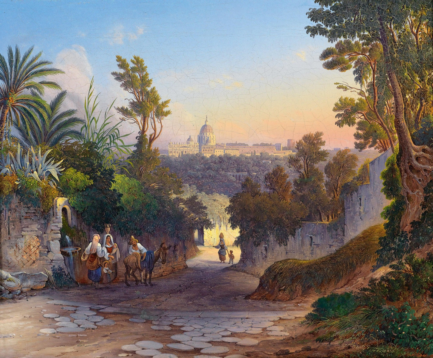 Sunlit Path to a Distant City with Figures – Landscape Oil Painting - Oil Painting Haven