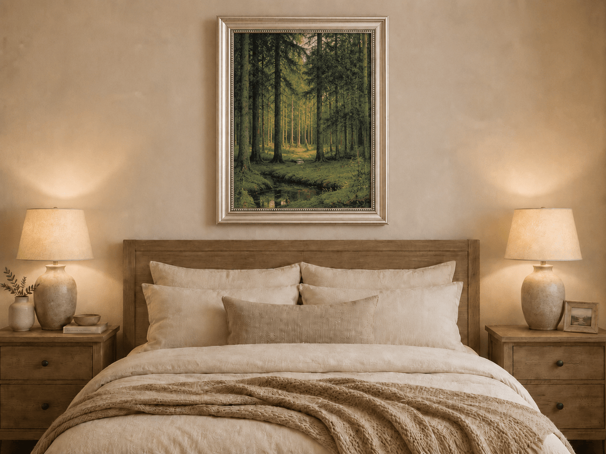 Framed hand-painted pine forest oil painting with a quiet stream and filtered sunlight displayed above a wooden bed in a neutral bedroom.