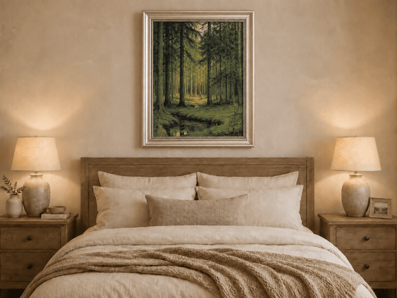 Framed hand-painted pine forest oil painting with a quiet stream and filtered sunlight displayed above a wooden bed in a neutral bedroom.