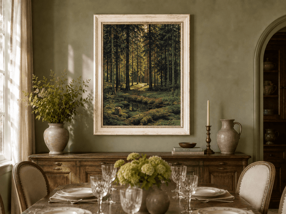 Framed hand-painted pine forest oil painting with a quiet stream and filtered sunlight displayed above a formal dining table.