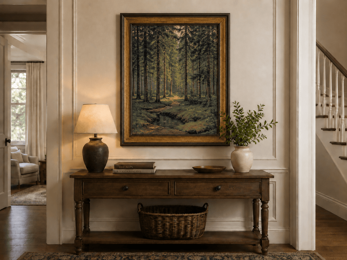 Framed hand-painted pine forest oil painting with a quiet stream and filtered sunlight displayed above an entryway console table.