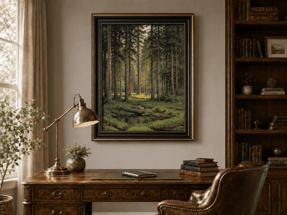 Framed hand-painted pine forest oil painting with a quiet stream and filtered sunlight displayed above a traditional home office desk.