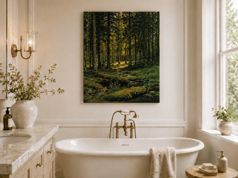 Unframed hand-painted pine forest oil painting with a quiet stream and filtered sunlight displayed above a freestanding bathtub.
