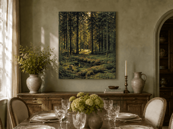 Unframed hand-painted pine forest oil painting with a quiet stream and filtered sunlight displayed above a formal dining table.