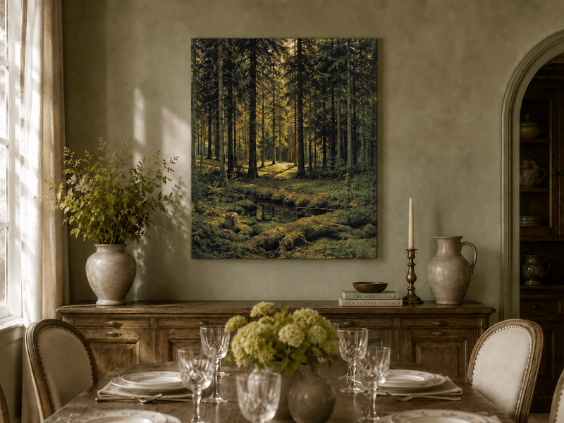 Unframed hand-painted pine forest oil painting with a quiet stream and filtered sunlight displayed above a formal dining table.