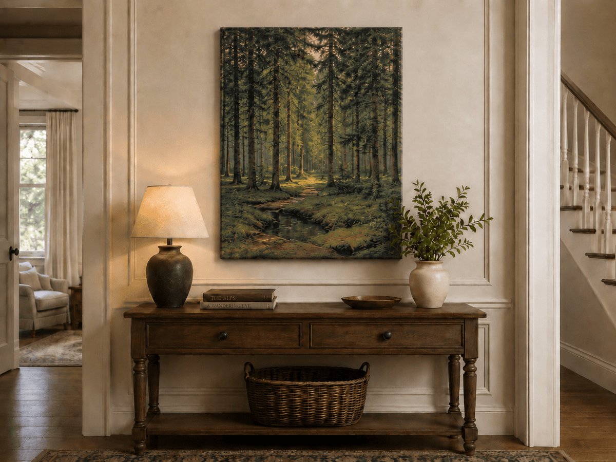 Unframed hand-painted pine forest oil painting with a quiet stream and filtered sunlight displayed above an entryway console table.