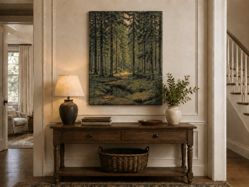 Unframed hand-painted pine forest oil painting with a quiet stream and filtered sunlight displayed above an entryway console table.