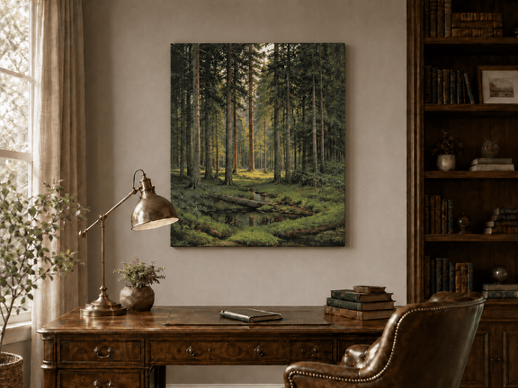 Unframed hand-painted pine forest oil painting with a quiet stream and filtered sunlight displayed above a traditional home office desk.