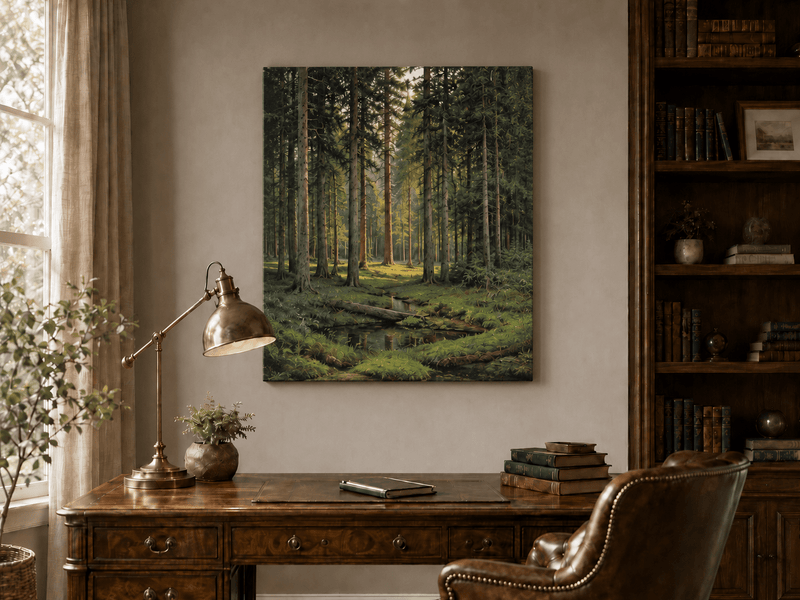 Unframed hand-painted pine forest oil painting with a quiet stream and filtered sunlight displayed above a traditional home office desk.