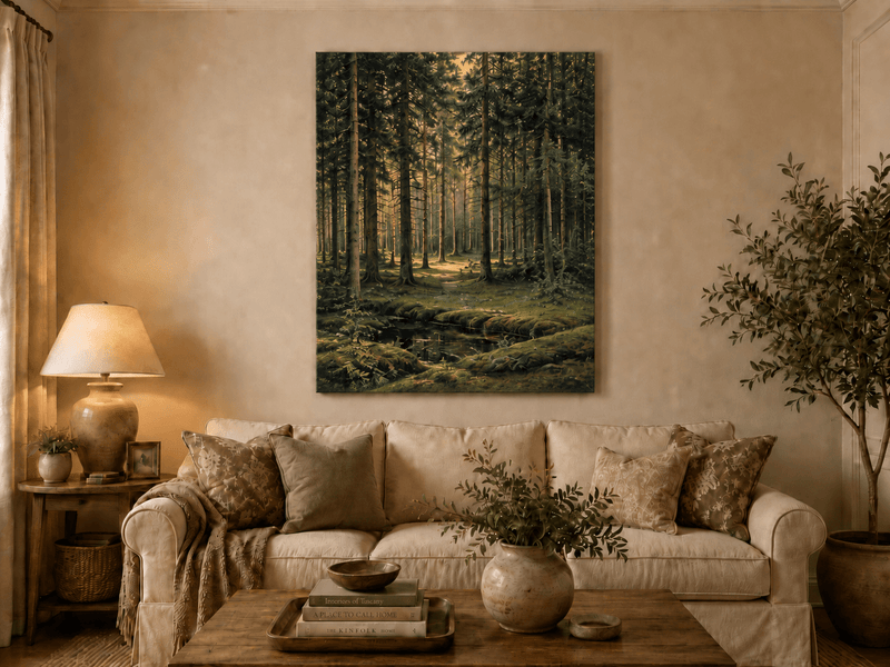 Unframed hand-painted pine forest oil painting with a quiet stream and filtered sunlight displayed above a neutral living room sofa.